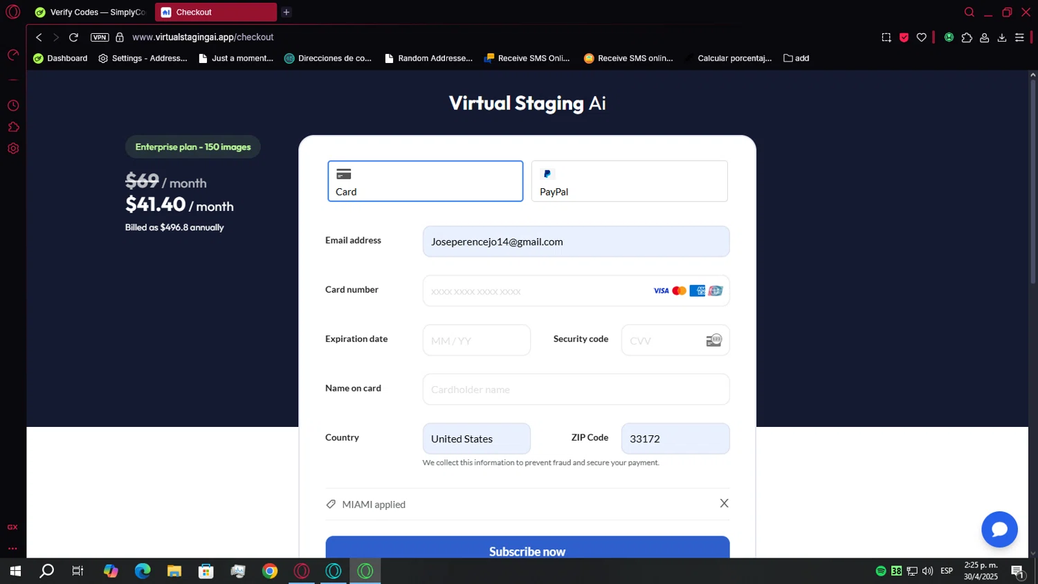 Virtual Staging AI discount code screenshot showing code MIAMI applied at Virtual Staging AI checkout page. Uploaded by SimplyCodes community member Bart_Simpson on Apr 30, 2025