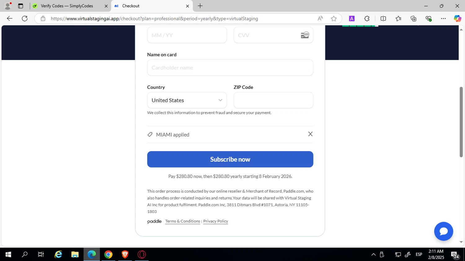 Virtual Staging AI discount code screenshot showing code MIAMI applied at Virtual Staging AI checkout page. Uploaded by SimplyCodes community member SwiftPilot741 on Feb 8, 2025