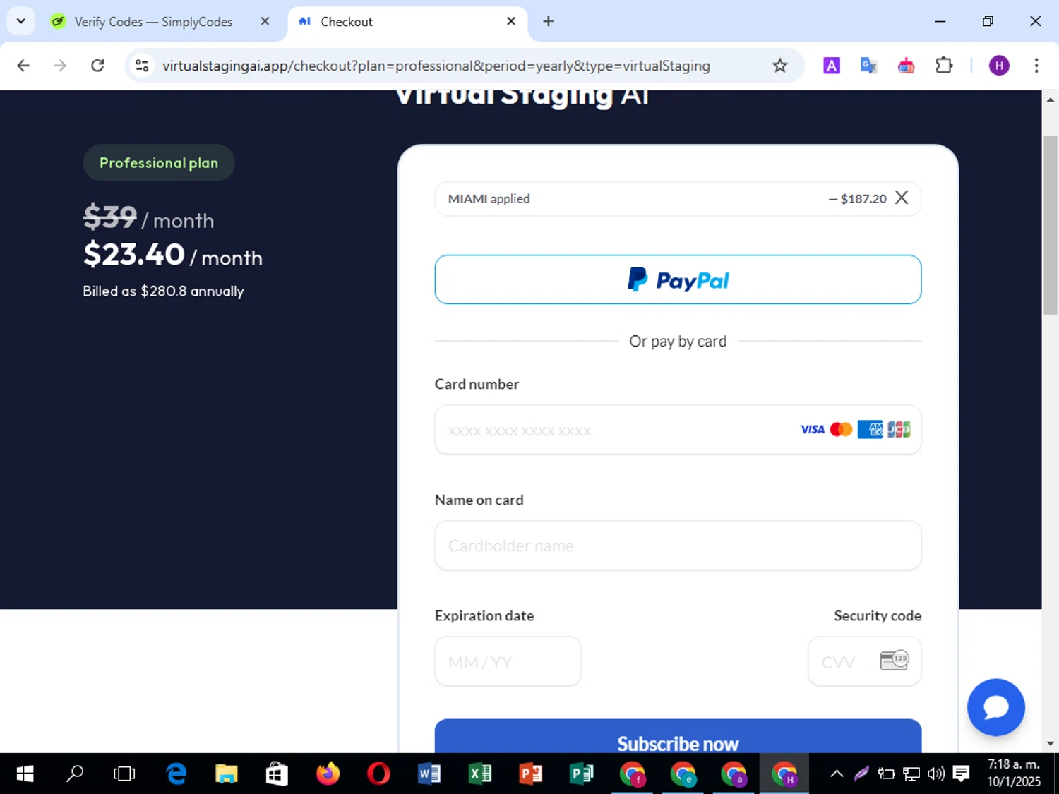 Virtual Staging AI discount code screenshot showing code MIAMI applied at Virtual Staging AI checkout page. Uploaded by SimplyCodes community member tumiedo on Jan 10, 2025