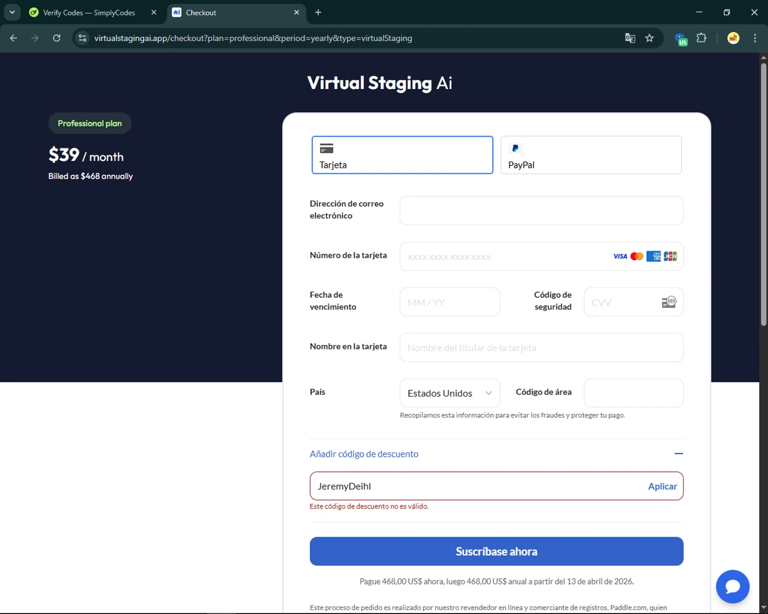 Virtual Staging AI discount code screenshot showing code JeremyDeihl applied at Virtual Staging AI checkout page. Uploaded by SimplyCodes community member SmartFinder4193 on Apr 13, 2025