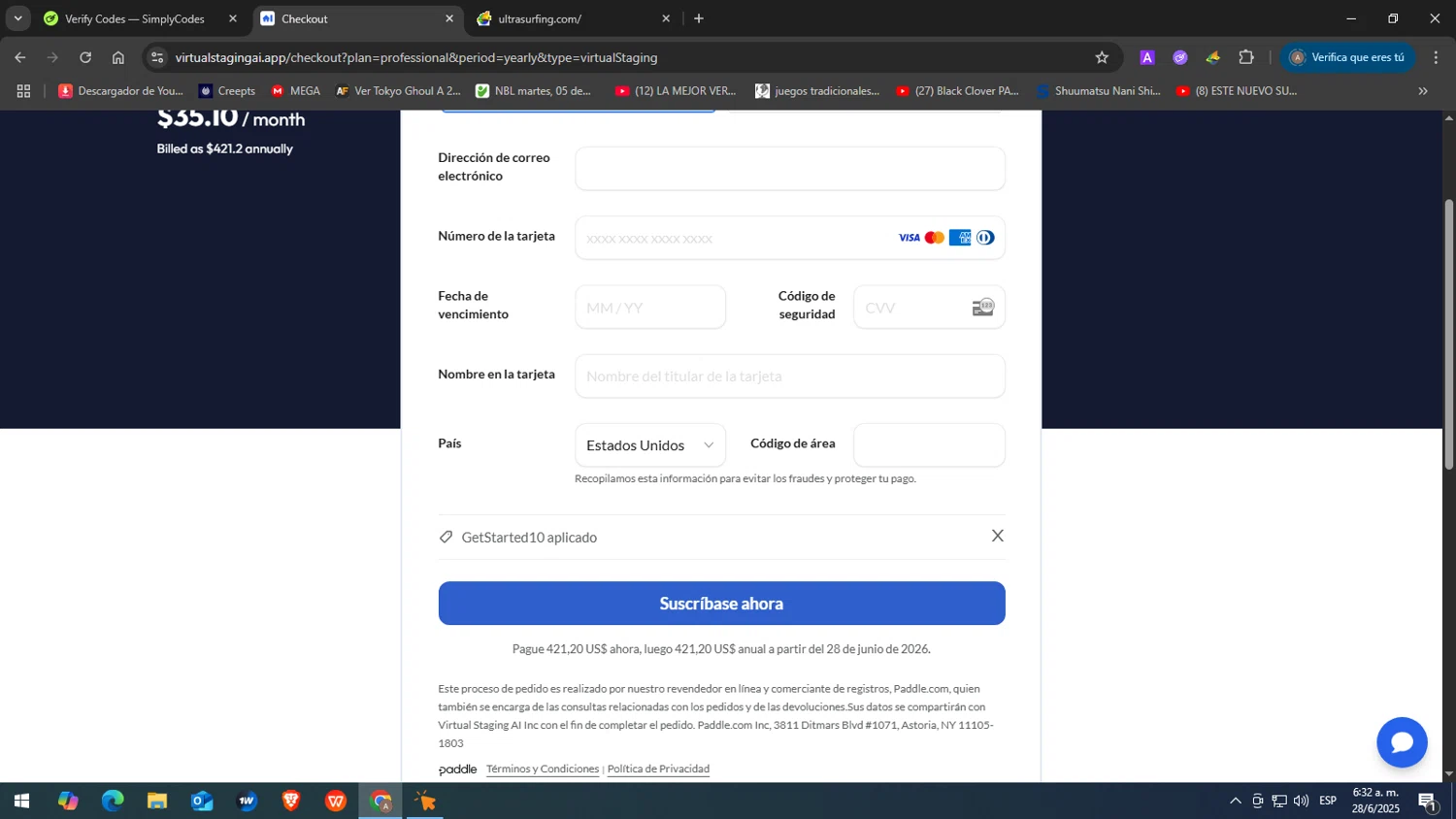 Virtual Staging AI discount code screenshot showing code GetStarted10 applied at Virtual Staging AI checkout page. Uploaded by SimplyCodes community member JuanChi on Jun 28, 2025