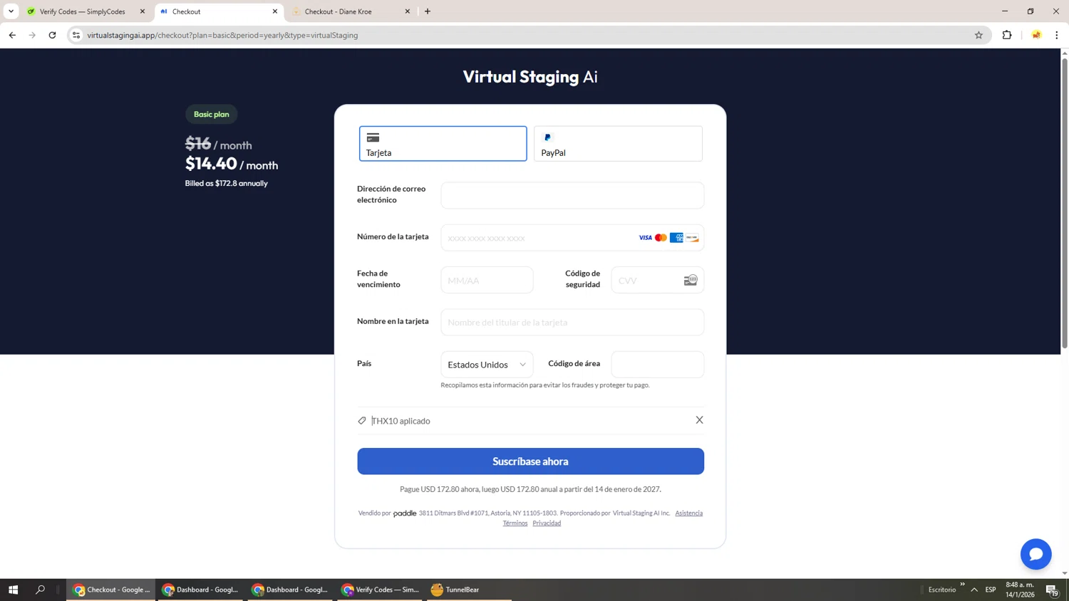 Virtual Staging AI checkout page showing Virtual Staging AI discount code box | Screenshot taken by SimplyCodes community member on Jan 14, 2026