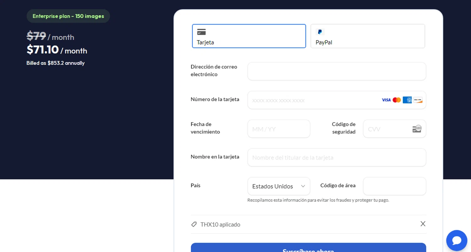 Virtual Staging AI discount code screenshot showing code THX10 applied at Virtual Staging AI checkout page. Uploaded by SimplyCodes community member Ronald on Jun 28, 2025