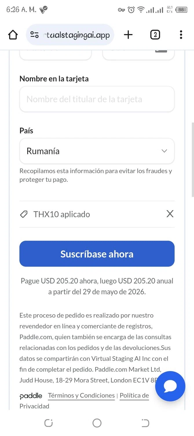 Virtual Staging AI discount code screenshot showing code THX10 applied at Virtual Staging AI checkout page. Uploaded by SimplyCodes community member alexmarygomez on May 29, 2025