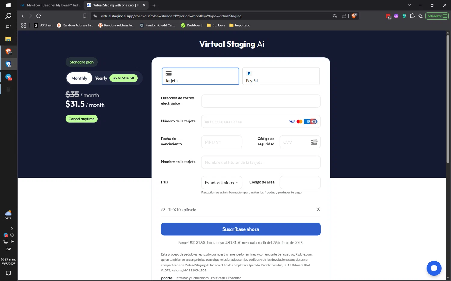 Virtual Staging AI discount code screenshot showing code THX10 applied at Virtual Staging AI checkout page. Uploaded by SimplyCodes community member ilarrazaM1 on May 29, 2025