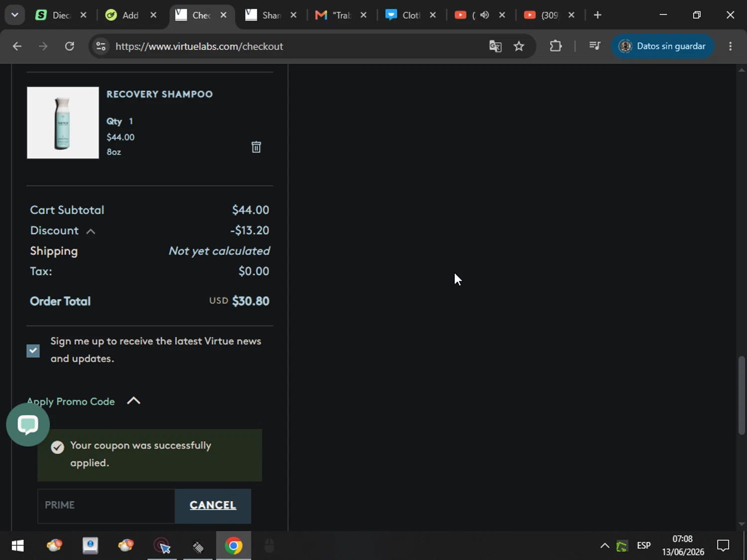 Virtue Labs promo code screenshot showing code PRIME applied at Virtue Labs checkout page. Uploaded by SimplyCodes community member MarcosAranguren on Jun 13, 2026