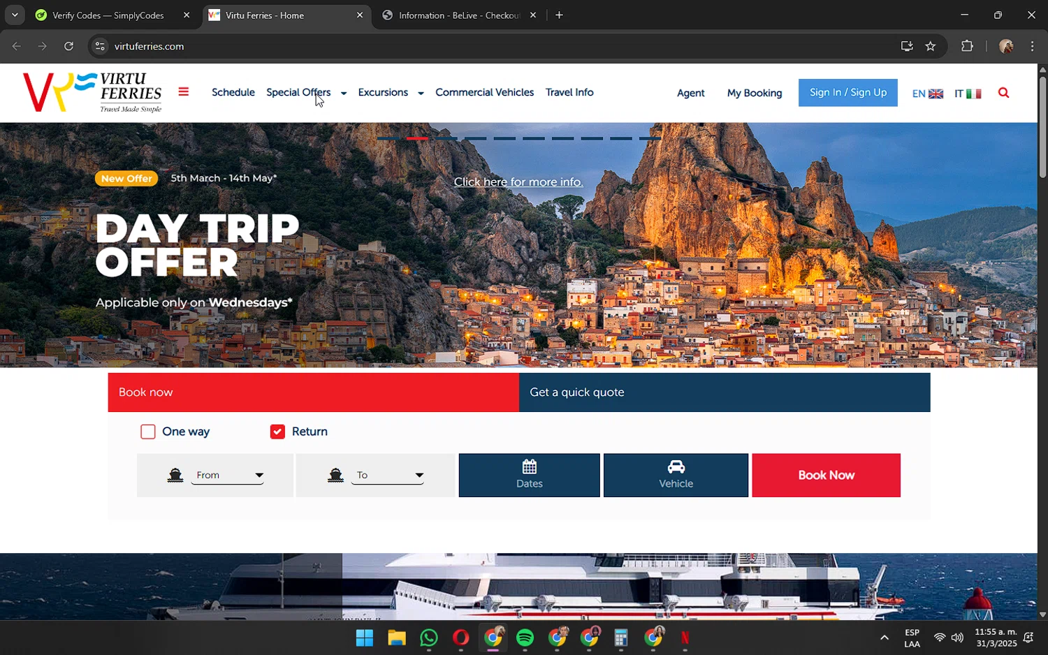 Virtu Ferries promo code screenshot showing code WELCOME15 applied at Virtu Ferries checkout page. Uploaded by SimplyCodes community member JennaOrtega on Mar 31, 2025