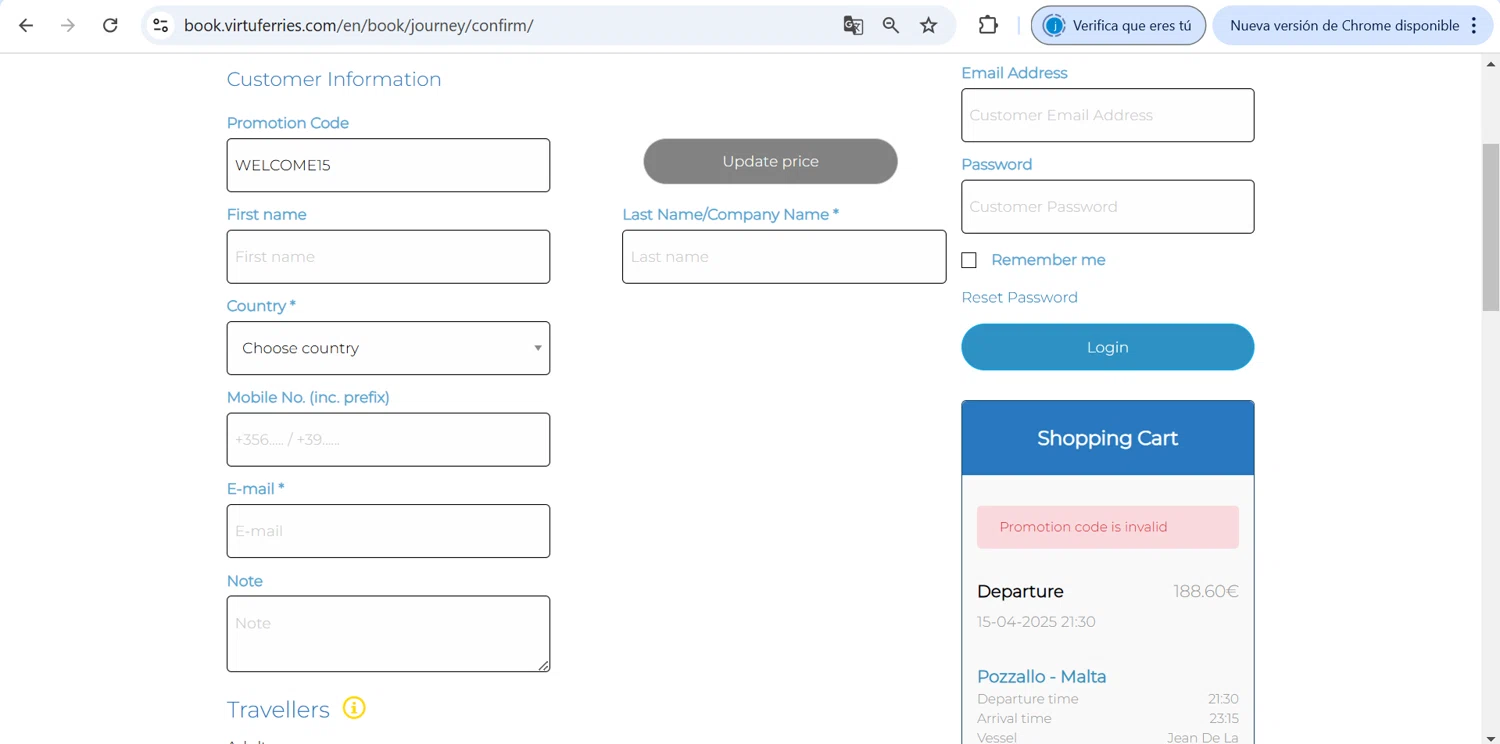 Virtu Ferries promo code screenshot showing code WELCOME15 applied at Virtu Ferries checkout page. Uploaded by SimplyCodes community member BargainPioneer7317 on Mar 31, 2025
