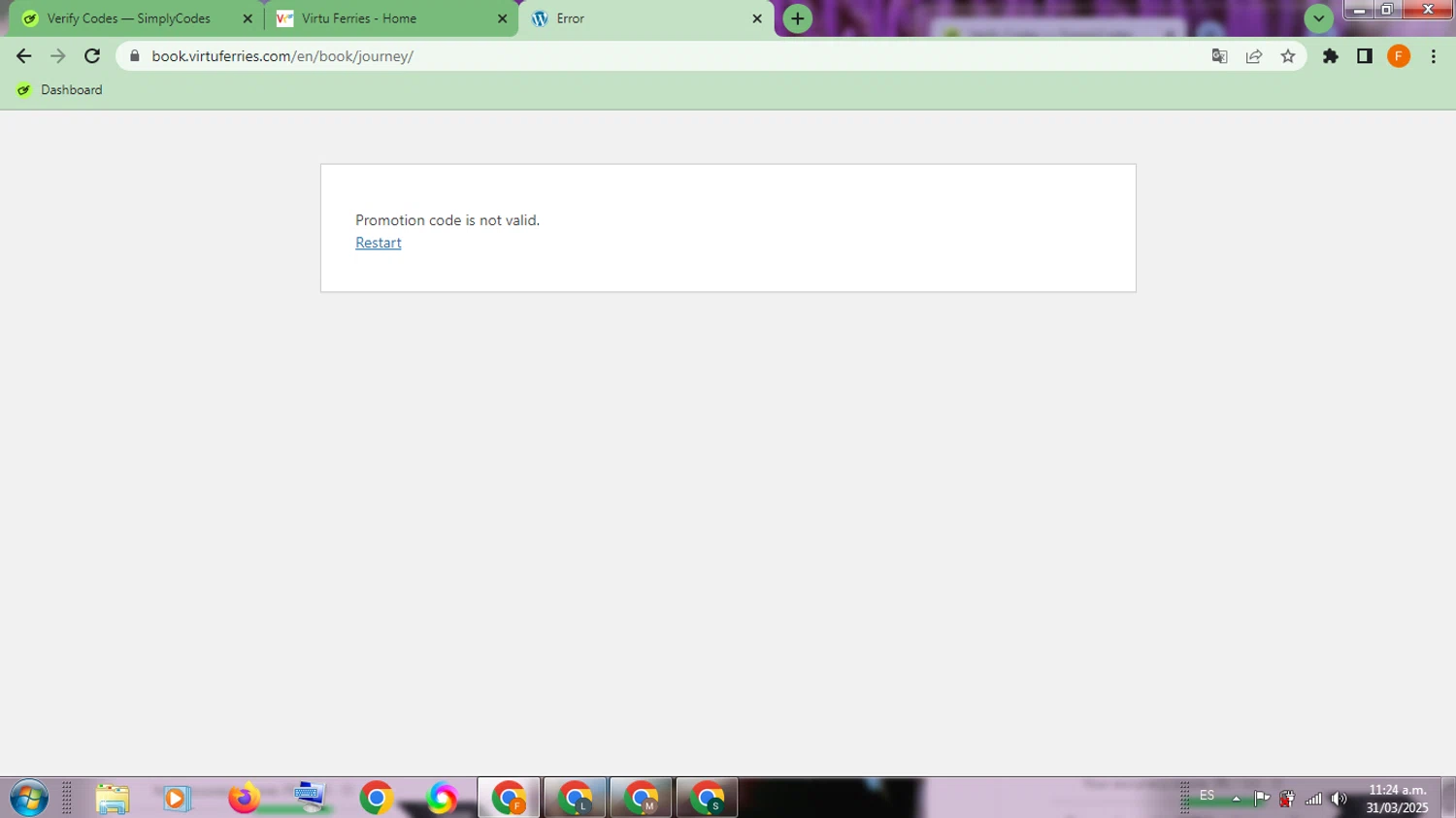 Virtu Ferries promo code screenshot showing code WELCOME15 applied at Virtu Ferries checkout page. Uploaded by SimplyCodes community member SavvyCollector9528 on Mar 31, 2025