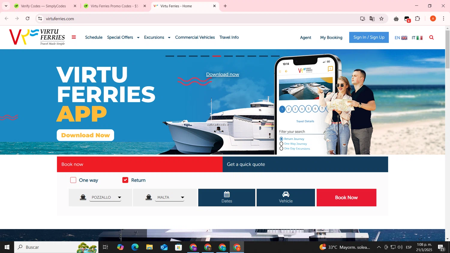 Virtu Ferries checkout page showing Virtu Ferries promo code box | Screenshot taken by SimplyCodes community member on Mar 21, 2025