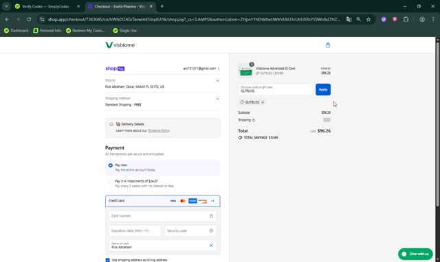 Visbiome checkout page showing Visbiome discount code box | Screenshot taken by SimplyCodes community member on Aug 27, 2025