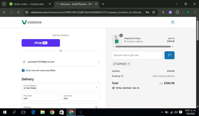 Visbiome checkout page showing Visbiome discount code box | Screenshot taken by SimplyCodes community member on Aug 7, 2025