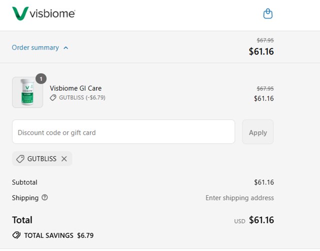 Visbiome checkout page showing Visbiome discount code box | Screenshot taken by SimplyCodes community member on Aug 11, 2025
