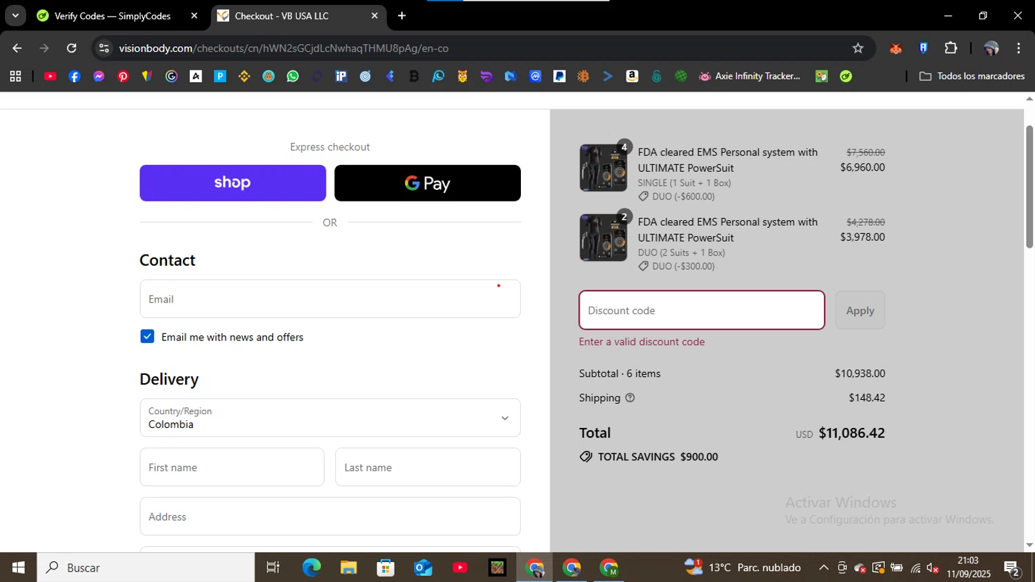VisionbodyUSA promo code screenshot showing code CAROLYNEFIT applied at VisionbodyUSA checkout page. Uploaded by SimplyCodes community member Bart_Simpson on Sep 12, 2025