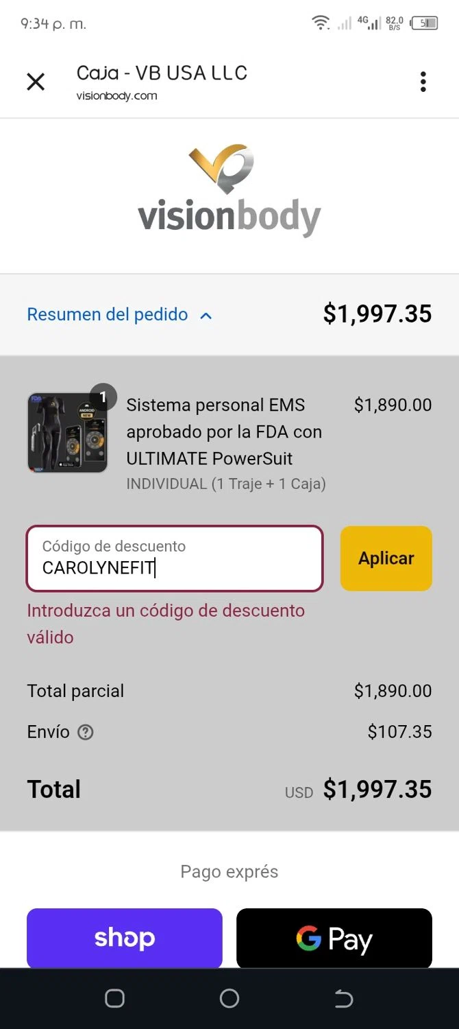 VisionbodyUSA promo code screenshot showing code CAROLYNEFIT applied at VisionbodyUSA checkout page. Uploaded by SimplyCodes community member CleverWhiz2265 on Sep 12, 2025