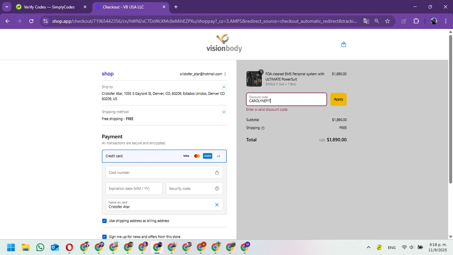 VisionbodyUSA promo code screenshot showing code CAROLYNEFIT applied at VisionbodyUSA checkout page. Uploaded by SimplyCodes community member Marielis on Sep 12, 2025