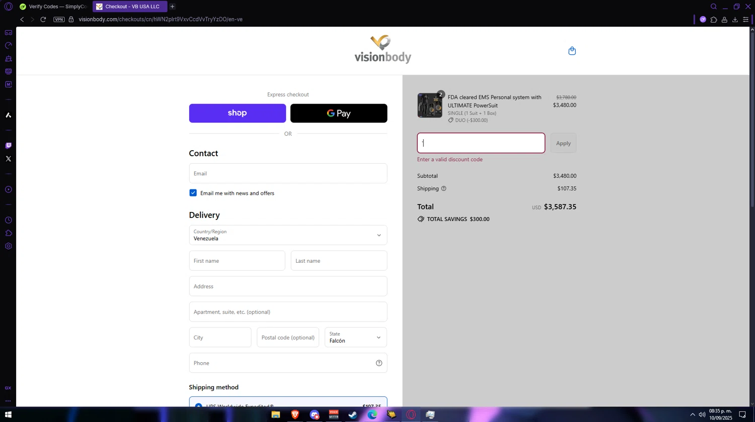 VisionbodyUSA promo code screenshot showing code CAROLYNE100 applied at VisionbodyUSA checkout page. Uploaded by SimplyCodes community member Anzeer on Sep 11, 2025