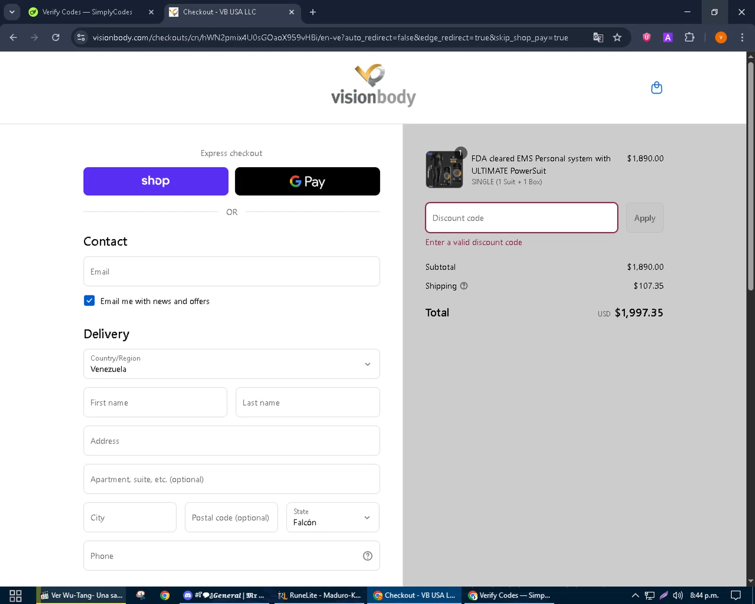 VisionbodyUSA promo code screenshot showing code CAROLYNE100 applied at VisionbodyUSA checkout page. Uploaded by SimplyCodes community member bulbasaur69 on Sep 11, 2025