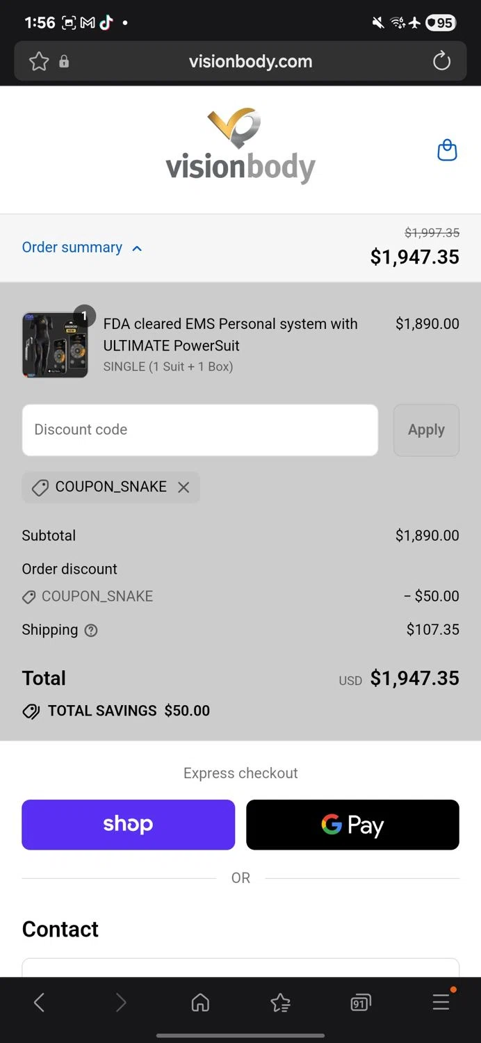 VisionbodyUSA promo code screenshot showing code coupon_snake applied at VisionbodyUSA checkout page. Uploaded by SimplyCodes community member Carbon132 on Sep 11, 2025