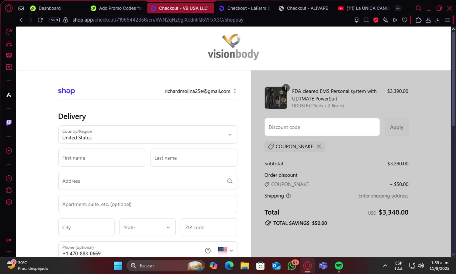 VisionbodyUSA promo code screenshot showing code coupon_snake applied at VisionbodyUSA checkout page. Uploaded by SimplyCodes community member tralalero777 on Sep 11, 2025