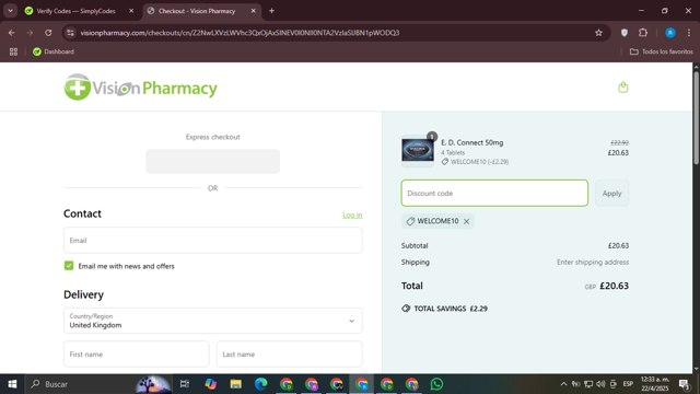 Vision Pharmacy checkout page showing Vision Pharmacy discount code box | Screenshot taken by SimplyCodes community member on Apr 22, 2025