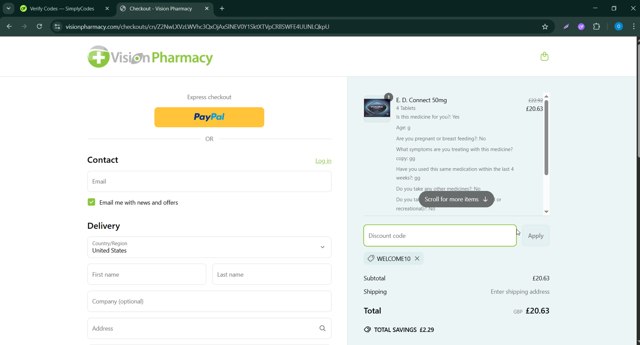 Vision Pharmacy checkout page showing Vision Pharmacy discount code box | Screenshot taken by SimplyCodes community member on Apr 22, 2025