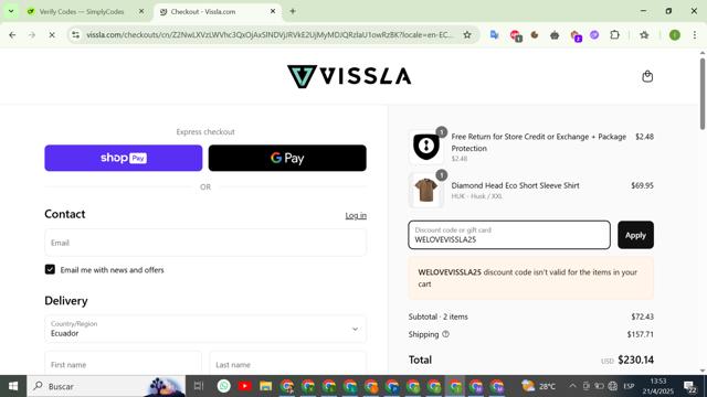 Vissla checkout page showing Vissla discount code box | Screenshot taken by SimplyCodes community member on Apr 21, 2025