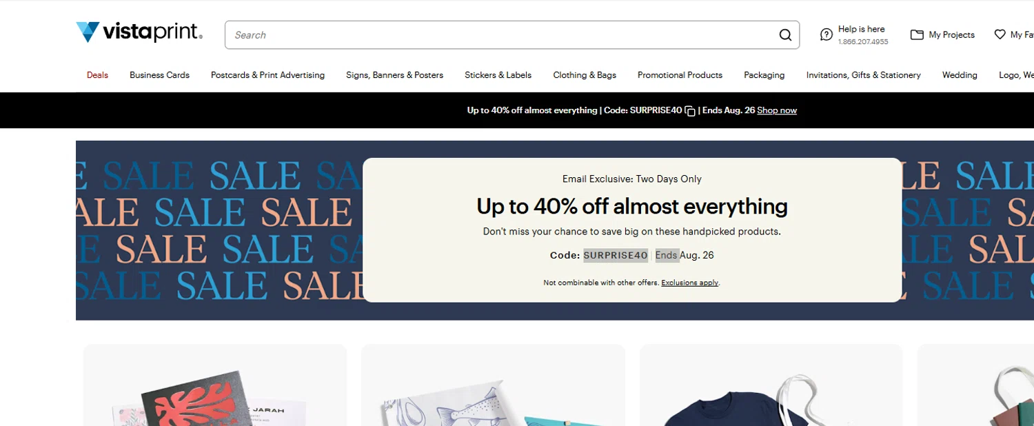 Vistaprint promo code screenshot showing code SURPRISE40 applied at Vistaprint checkout page. Uploaded by SimplyCodes community member ______ on Aug 25, 2025