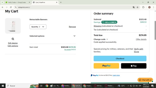 Vistaprint checkout page showing Vistaprint promo code box | Screenshot taken by SimplyCodes community member on Aug 25, 2025