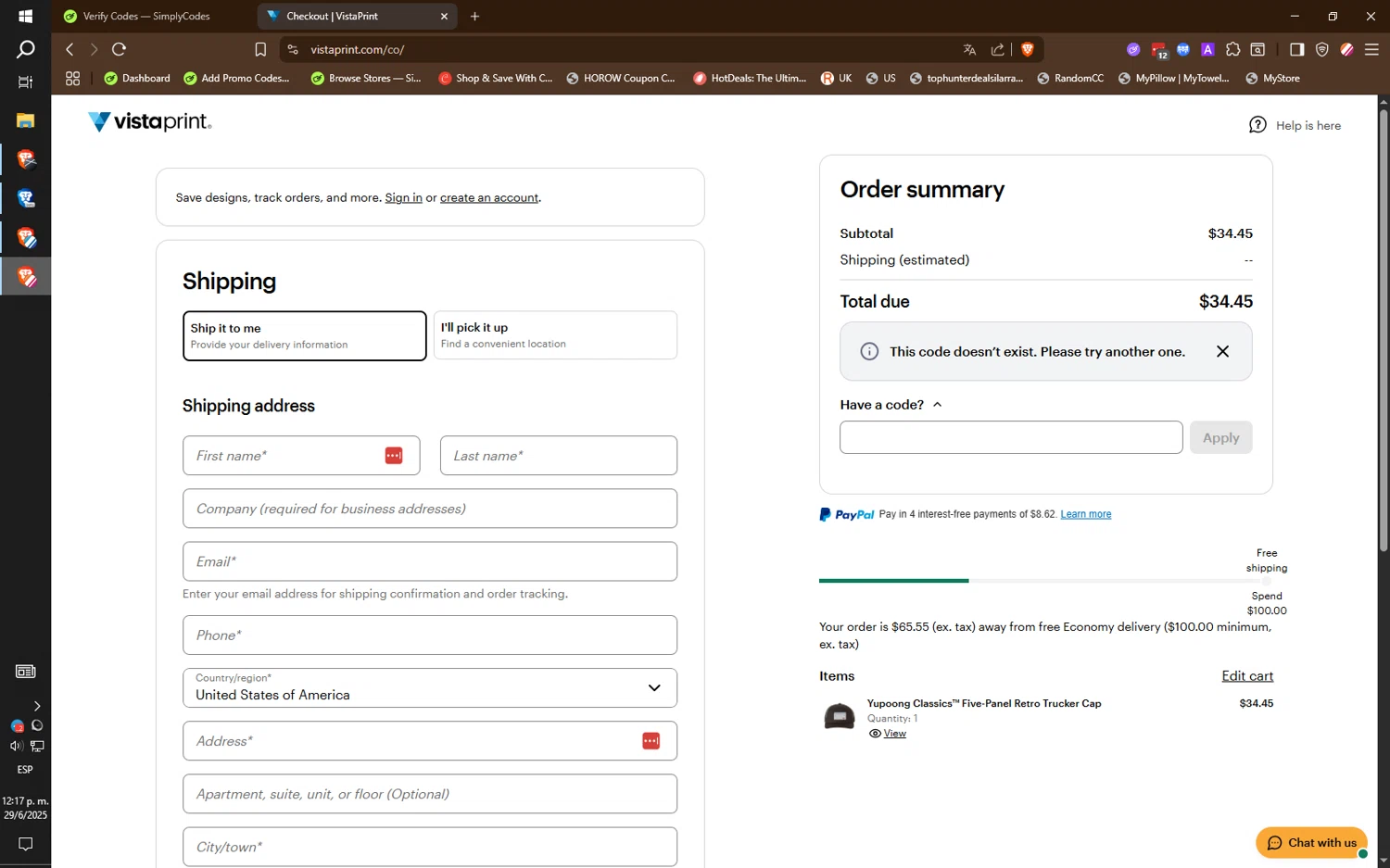 Vistaprint promo code screenshot showing code SURPRISE40 applied at Vistaprint checkout page. Uploaded by SimplyCodes community member ilarrazaM3 on Jun 29, 2025