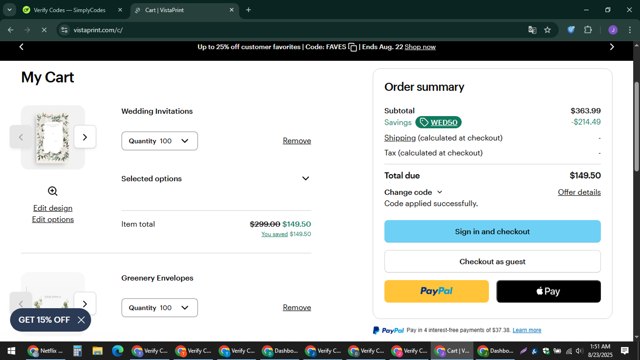 Vistaprint checkout page showing Vistaprint promo code box | Screenshot taken by SimplyCodes community member on Aug 23, 2025