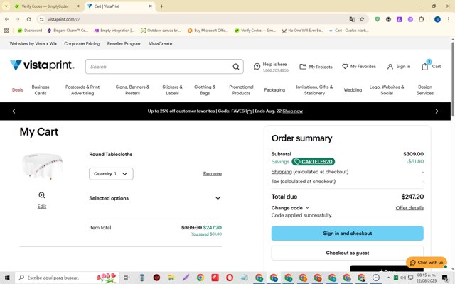 Vistaprint checkout page showing Vistaprint promo code box | Screenshot taken by SimplyCodes community member on Aug 22, 2025