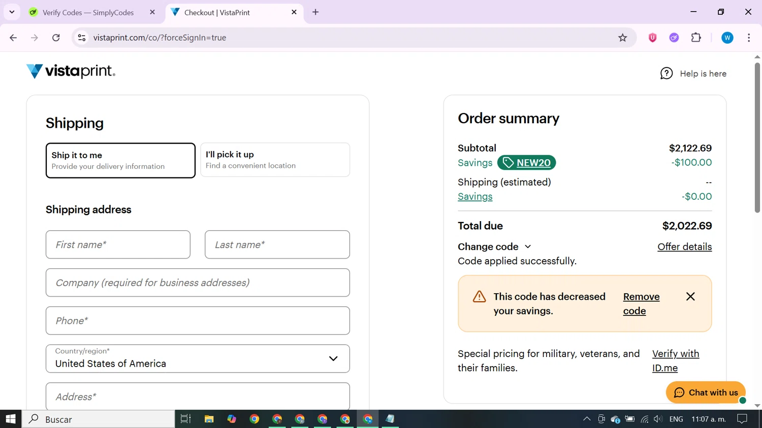 Vistaprint promo code screenshot showing code NEW20 applied at Vistaprint checkout page. Uploaded by SimplyCodes community member CrownShopper7142 on Aug 7, 2025