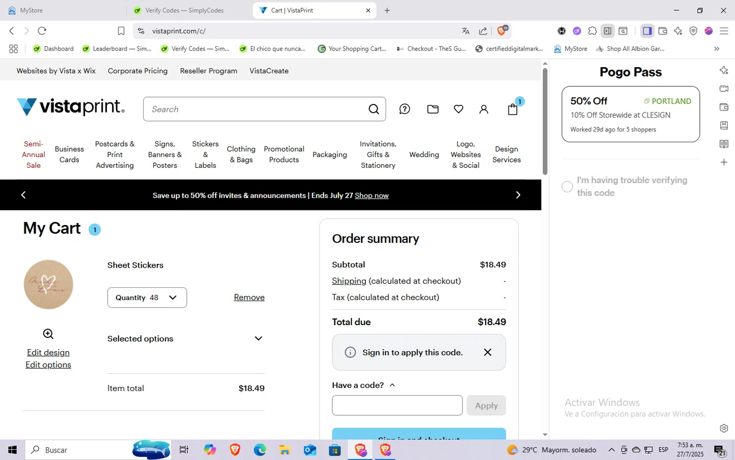 Vistaprint promo code screenshot showing code NEW20 applied at Vistaprint checkout page. Uploaded by SimplyCodes community member holaquetal on Jul 27, 2025