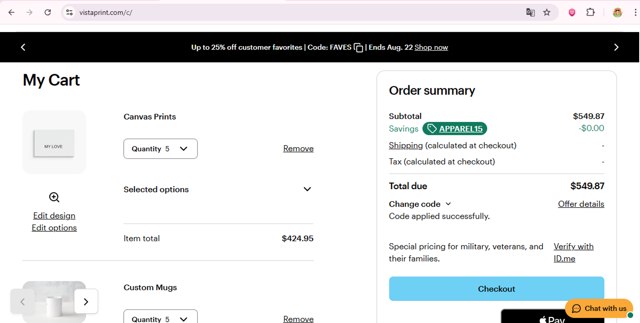 Vistaprint checkout page showing Vistaprint promo code box | Screenshot taken by SimplyCodes community member on Aug 22, 2025