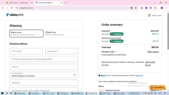 Vistaprint checkout page showing Vistaprint promo code box | Screenshot taken by SimplyCodes community member on Aug 23, 2025