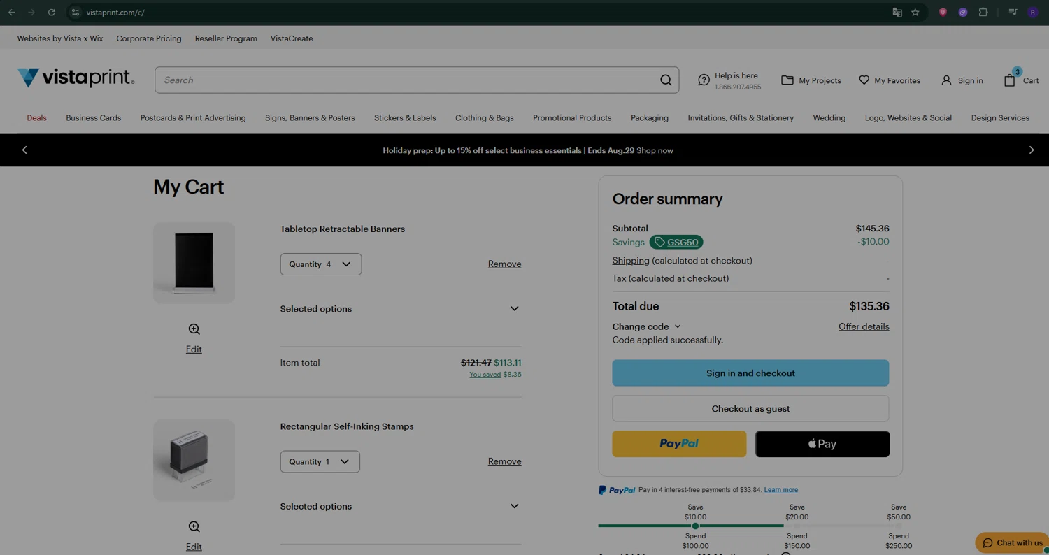 Vistaprint promo code screenshot showing code GSG50 applied at Vistaprint checkout page. Uploaded by SimplyCodes community member ShrewdShopper154 on Aug 28, 2025