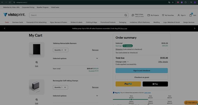 Vistaprint checkout page showing Vistaprint promo code box | Screenshot taken by SimplyCodes community member on Aug 28, 2025