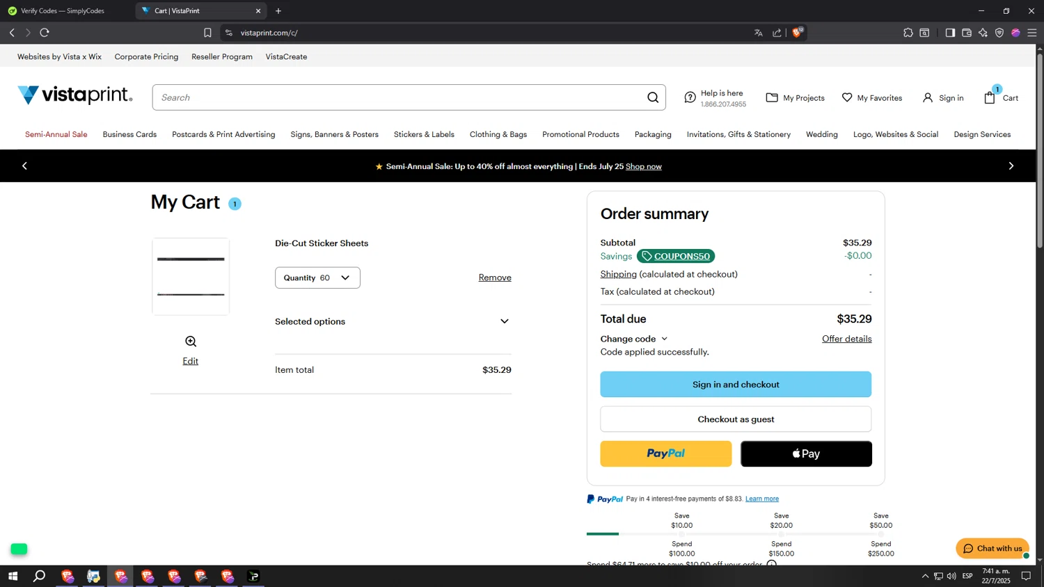 Vistaprint promo code screenshot showing code COUPONS50 applied at Vistaprint checkout page. Uploaded by SimplyCodes community member CoheteFast on Jul 22, 2025