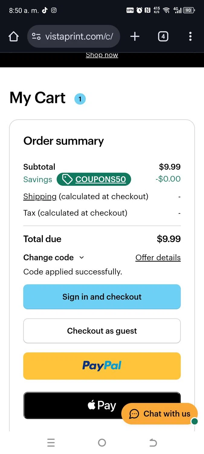 Vistaprint promo code screenshot showing code COUPONS50 applied at Vistaprint checkout page. Uploaded by SimplyCodes community member kikimbappe on Jul 11, 2025