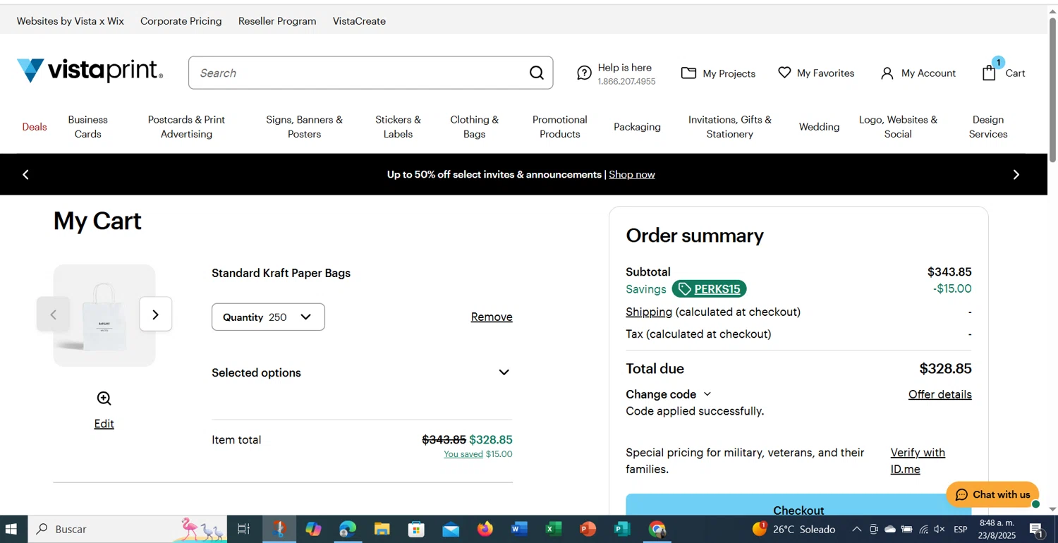 Vistaprint promo code screenshot showing code PERKS15 applied at Vistaprint checkout page. Uploaded by SimplyCodes community member cristianmendoza on Aug 23, 2025