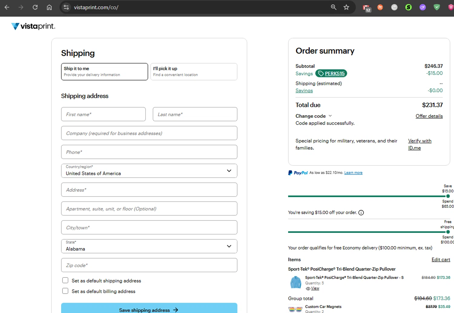 Vistaprint promo code screenshot showing code PERKS15 applied at Vistaprint checkout page. Uploaded by SimplyCodes community member jfromvzla on Aug 12, 2025
