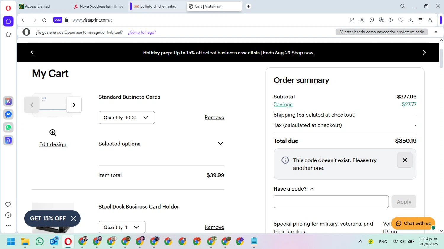 Vistaprint promo code screenshot showing code FAVES applied at Vistaprint checkout page. Uploaded by SimplyCodes community member MarielisPb on Aug 27, 2025