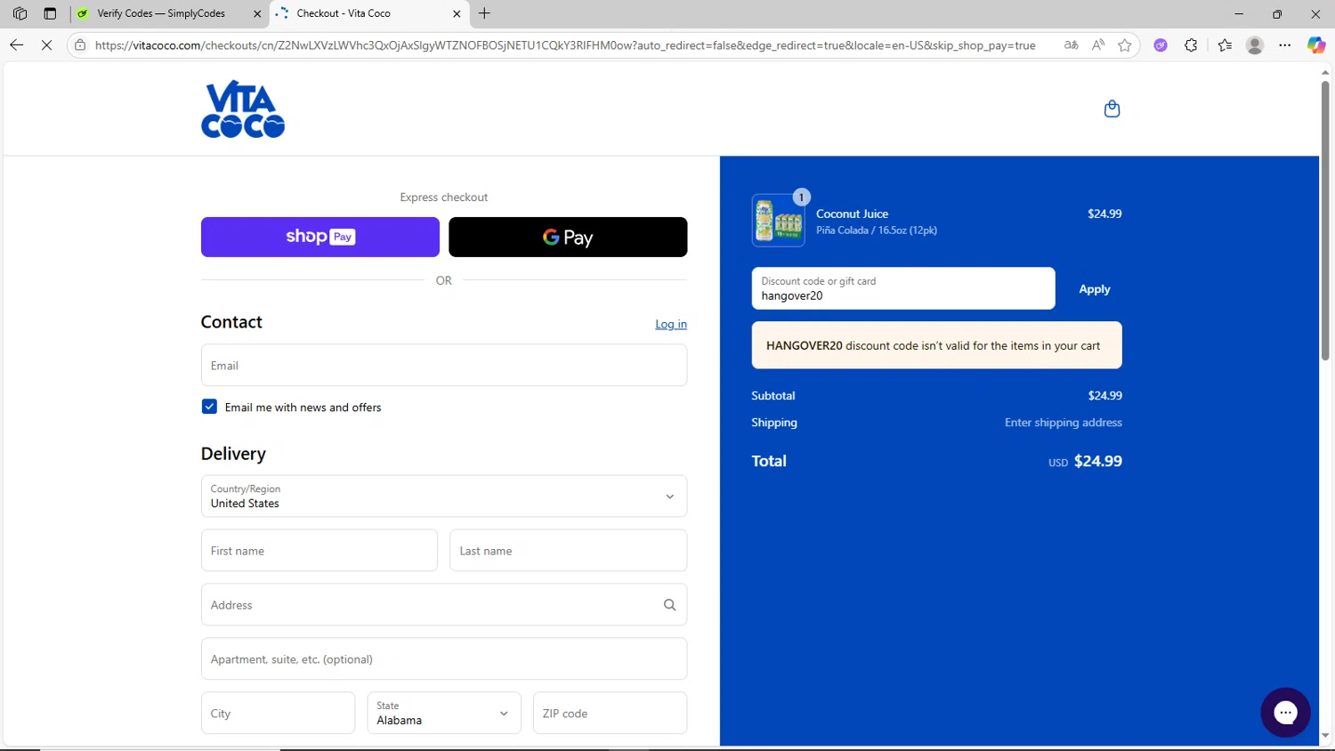 Vita Coco coupon code screenshot showing code hangover20 applied at Vita Coco checkout page. Uploaded by SimplyCodes community member CrownShopper2899 on Jun 6, 2025