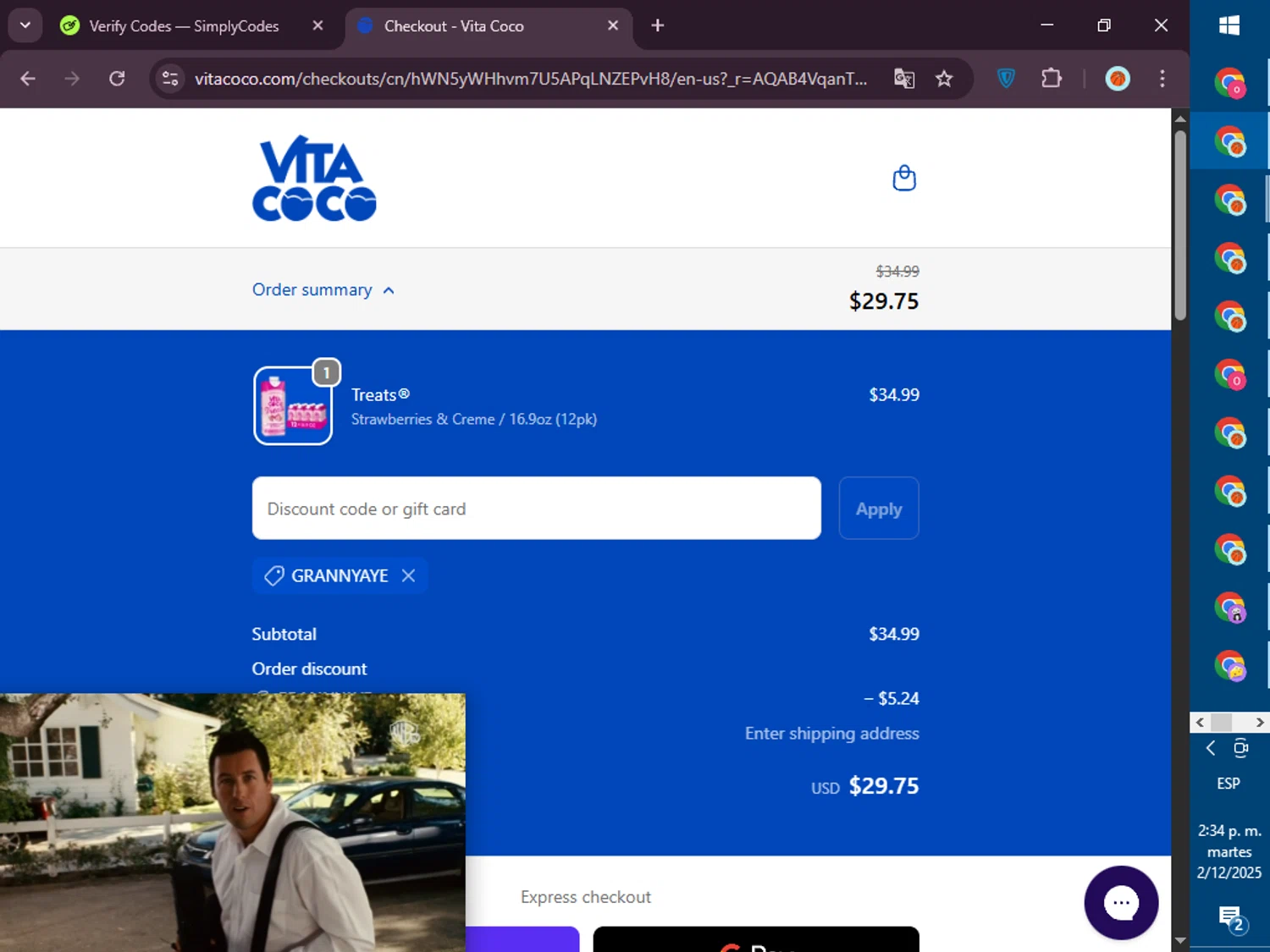 Vita Coco coupon code screenshot showing code GRANNYAYE applied at Vita Coco checkout page. Uploaded by SimplyCodes community member PromoVoyager8446 on Dec 2, 2025