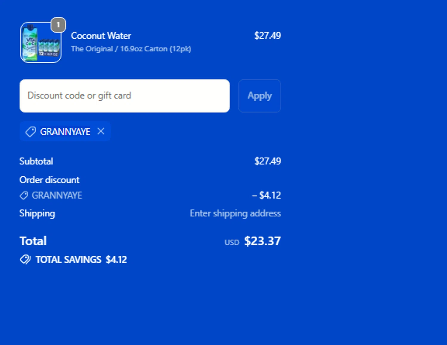 Vita Coco coupon code screenshot showing code GRANNYAYE applied at Vita Coco checkout page. Uploaded by SimplyCodes community member Sova_Valorant on Nov 23, 2025