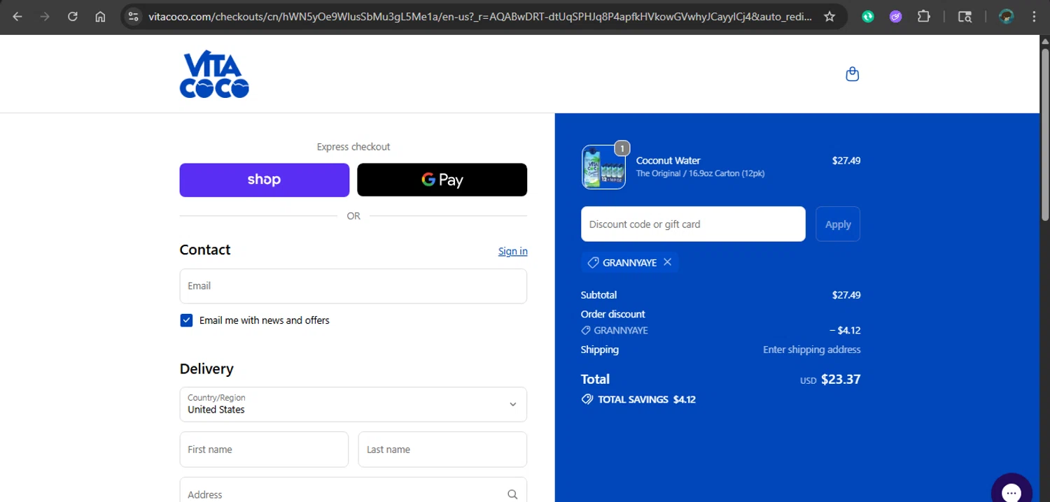 Vita Coco coupon code screenshot showing code GRANNYAYE applied at Vita Coco checkout page. Uploaded by SimplyCodes community member xAngel on Dec 2, 2025