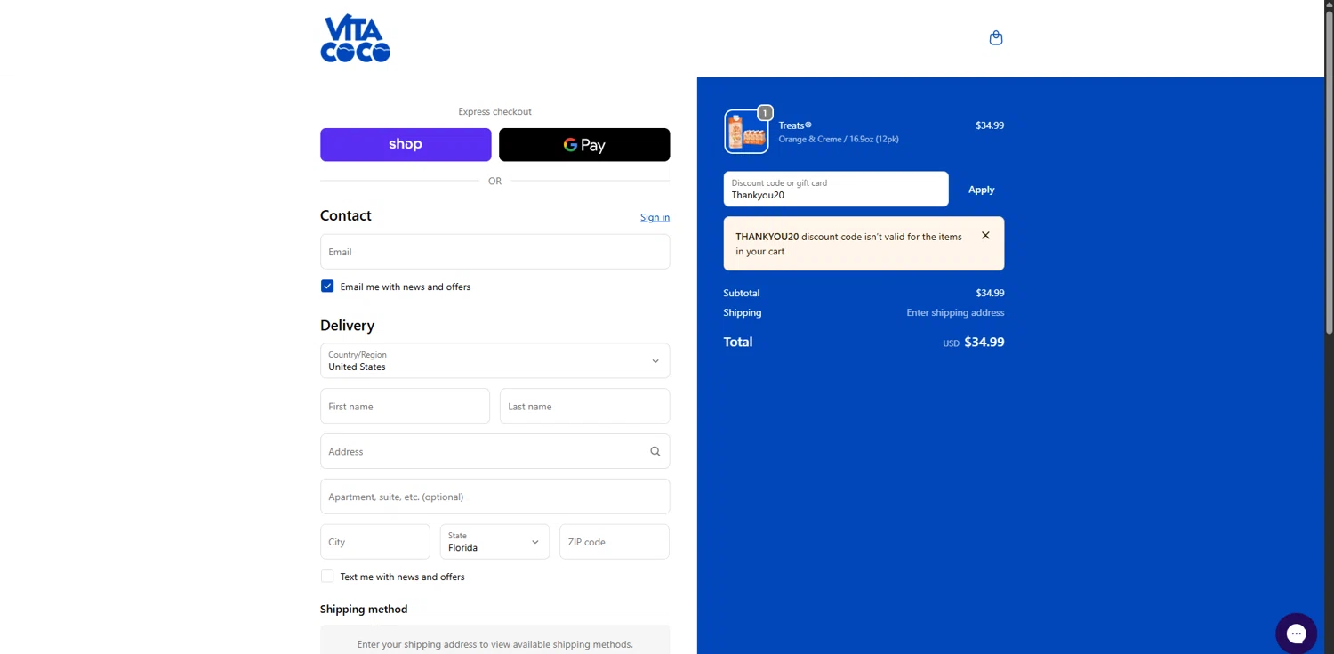 Vita Coco coupon code screenshot showing code Thankyou20 applied at Vita Coco checkout page. Uploaded by SimplyCodes community member CouponPro7532 on Oct 13, 2025
