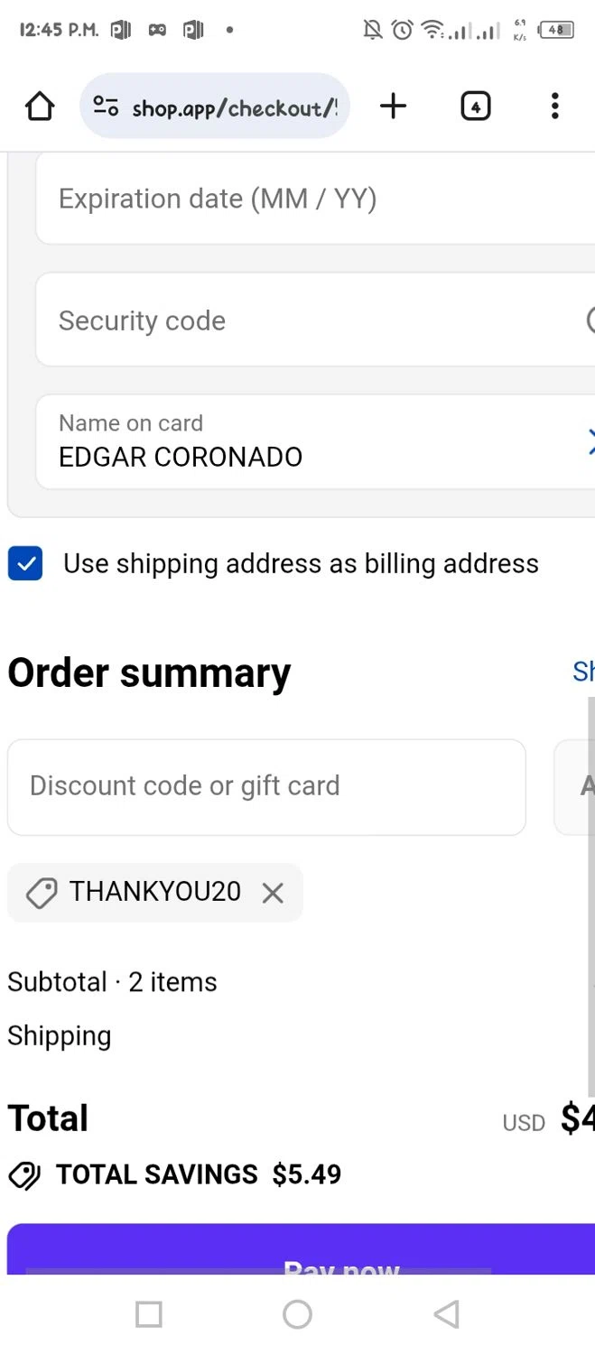 Vita Coco coupon code screenshot showing code Thankyou20 applied at Vita Coco checkout page. Uploaded by SimplyCodes community member tumiedo on Oct 13, 2025