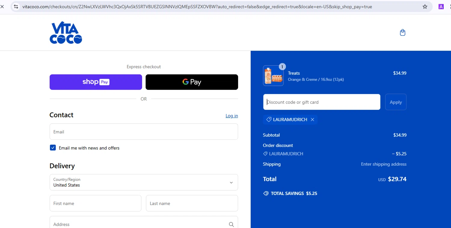 Vita Coco coupon code screenshot showing code Lauramudrich applied at Vita Coco checkout page. Uploaded by SimplyCodes community member BonusShopper7805 on Mar 7, 2025